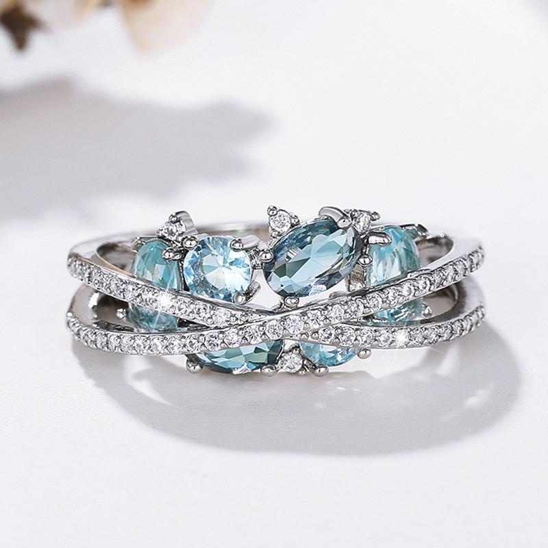 925 Sterling Silver Cross Band with Blue Cubic Zirconia New Women Rings Fashion Design Female Finger Jewelry Gifts