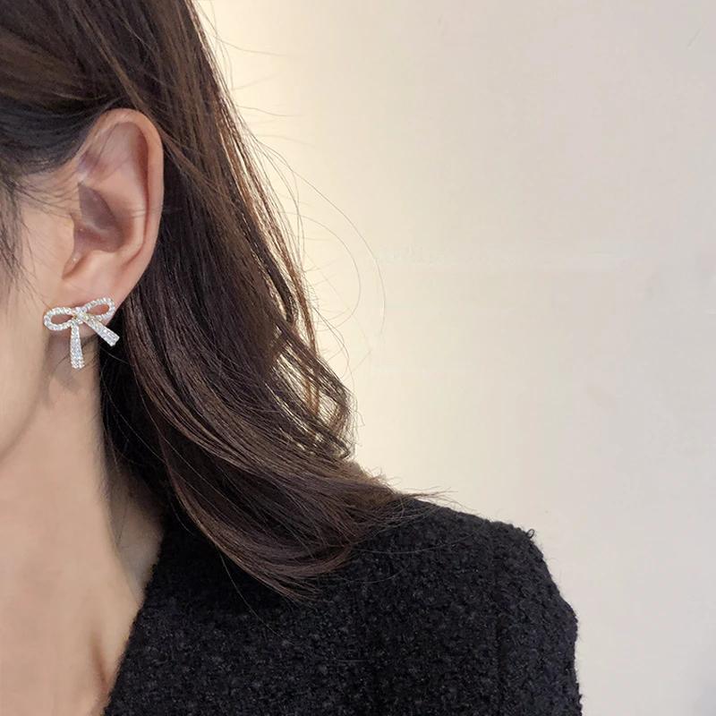 Korean Trendy Zircon Bow Earrings For Women  Luxury Sparkling Cubic Zirconia Bowknot Stud Earrings High Jewelry Gifts