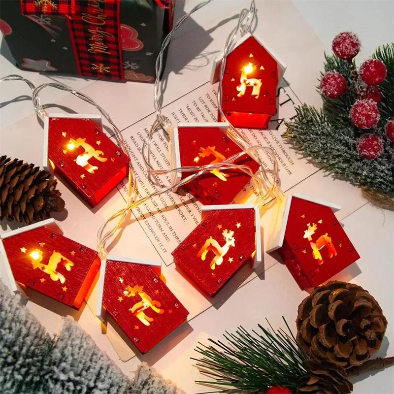 1-10PCS 1.5M Christmas Wooden House LED String Lights Elk Heart Star Shaped Decorative Lights for Christmas Tree Holiday Party