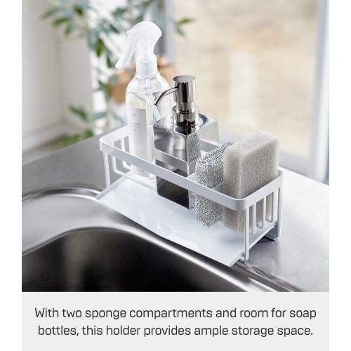 Yamazaki Sponge & Bottle Holder with Water Drainer, White, Approx. W25 x D10 x H9.5cm, Tower Sponge Rack, Sponge Holder with Draining Function, 5016