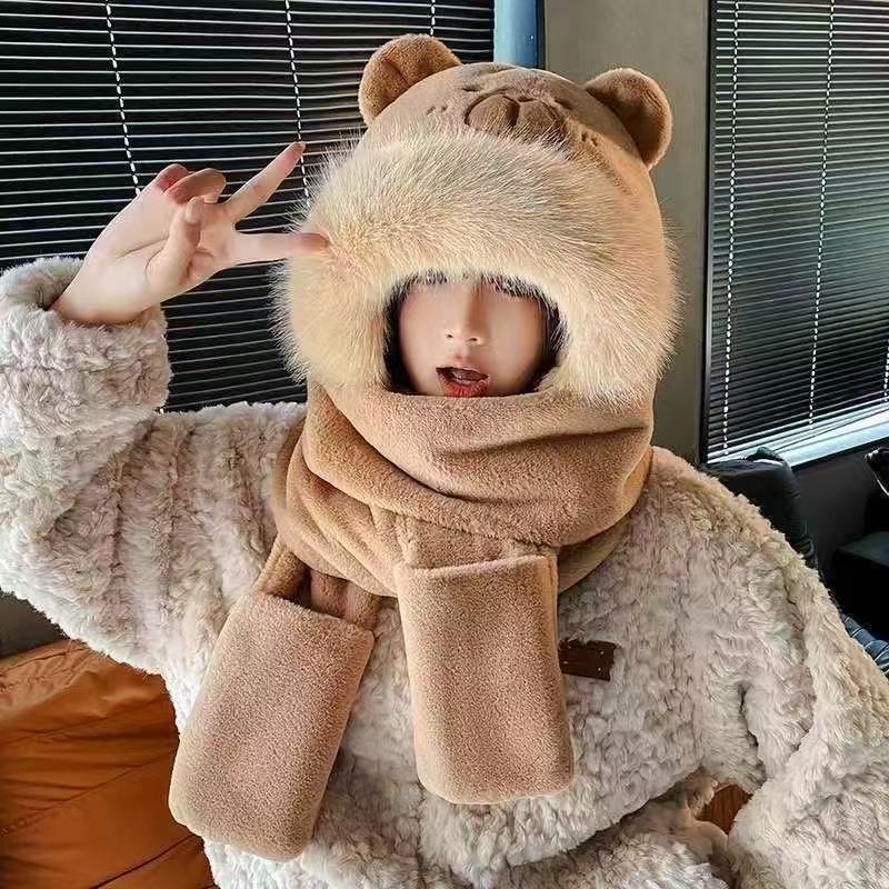 Super cute capybara hat scarf gloves integrated hooded scarf warm cute plush two-in-one hat