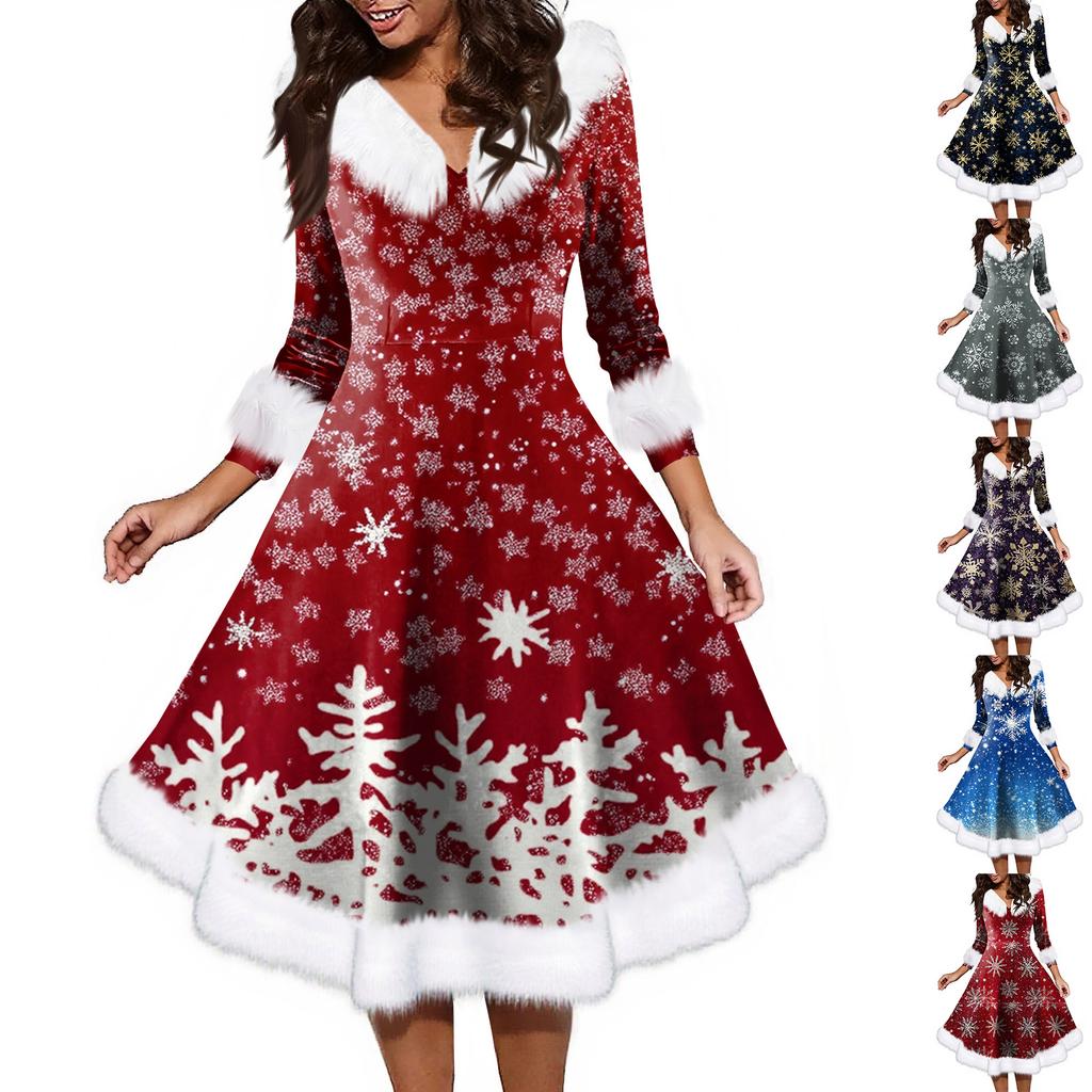 Women's Fashion V-neck Casual Fit Christmas Print Party Long Sleeve Dress