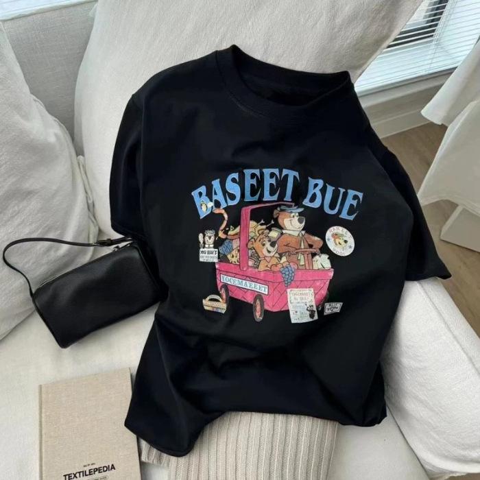 

Loose short-sleeved t-shirt women s clothing 2025 new summer cartoon printing niche Hong Kong-style chic retro top tide 3XL