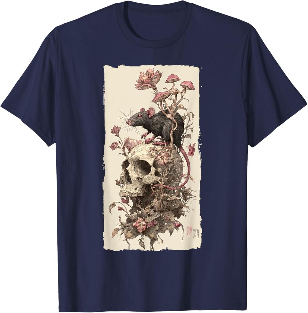 Gothic Rat Skull Mushroom Print Mens Casual Cotton Graphic Tee Soft Breathable TShirt