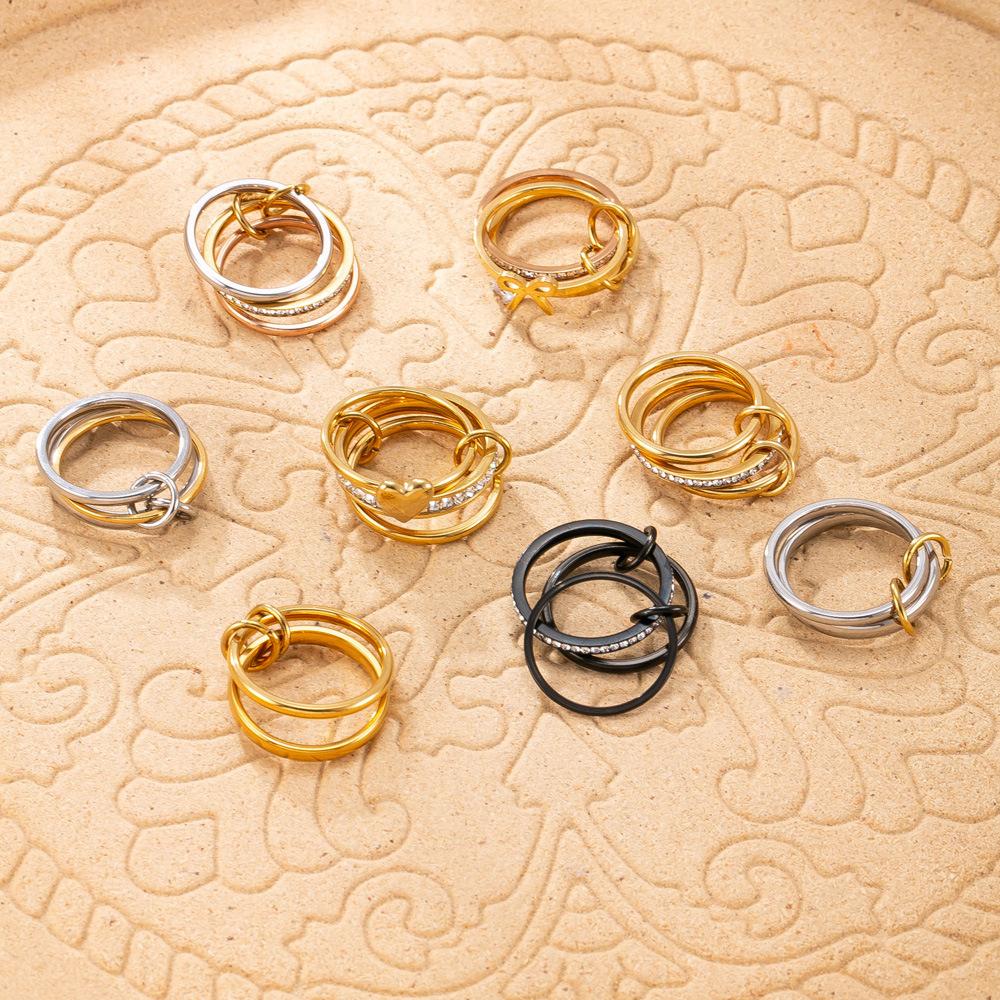 Titanium Steel Fashion Creative Plated Jewelry18k Gold Ring Three-Layer Plain Band with Inlaid Diamonds Stackable Rings Wholesale
