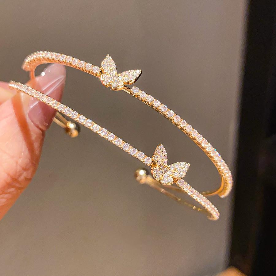 Zircon Butterfly Double Layer Cuff Bracelet With Cubic Zirconia For Elegant Women золотой