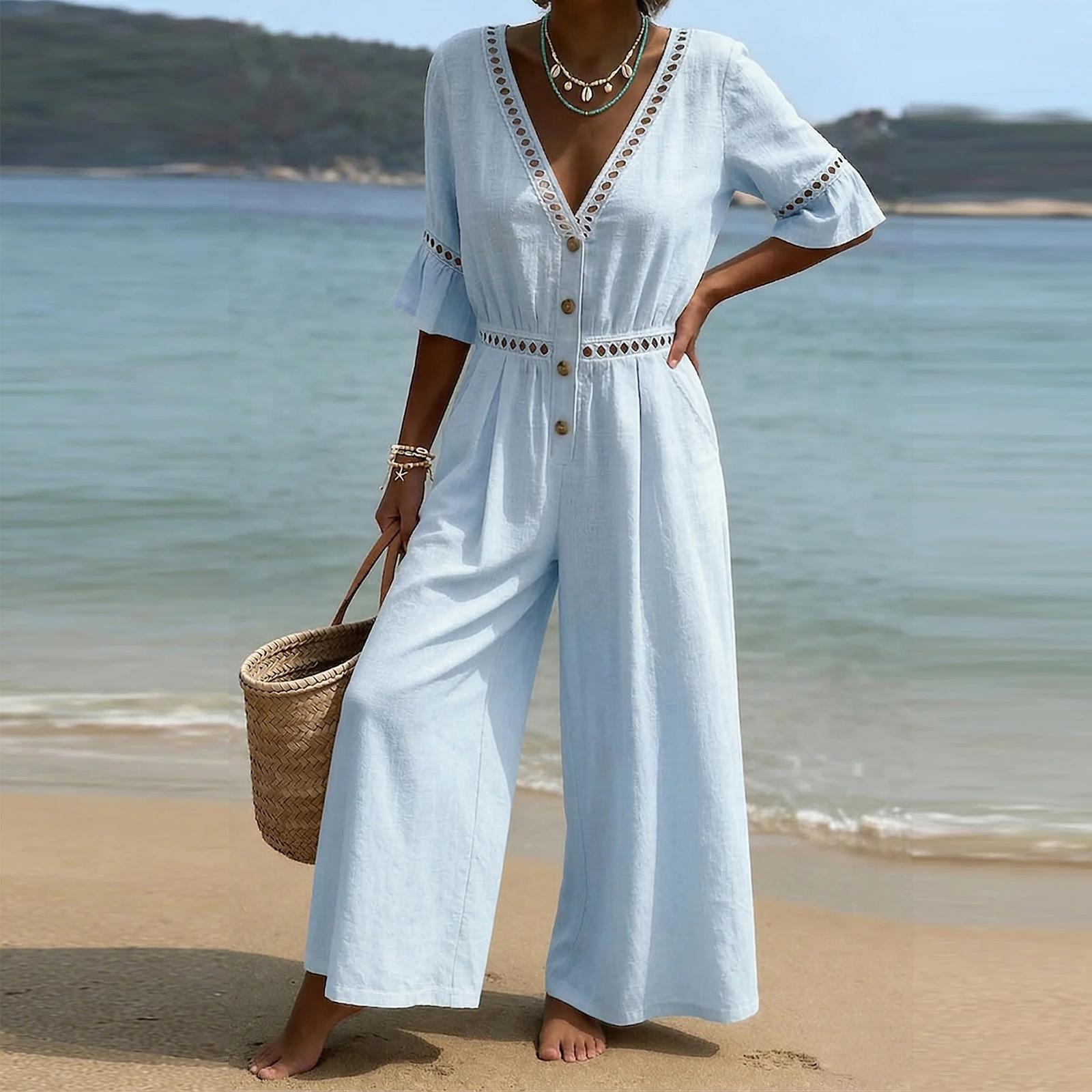 

Rompers For Women Deep V Neck Sleeveless Jumpsuit Loose Fit Work Overalls Dressy Casual Summer Jumpsuits M синій