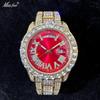 Mens Fashion Quartz Wrist Watch Dual Calendar Pink Dial Rhinestone Accents Luminous 30M Waterproof Stainless Steel Band