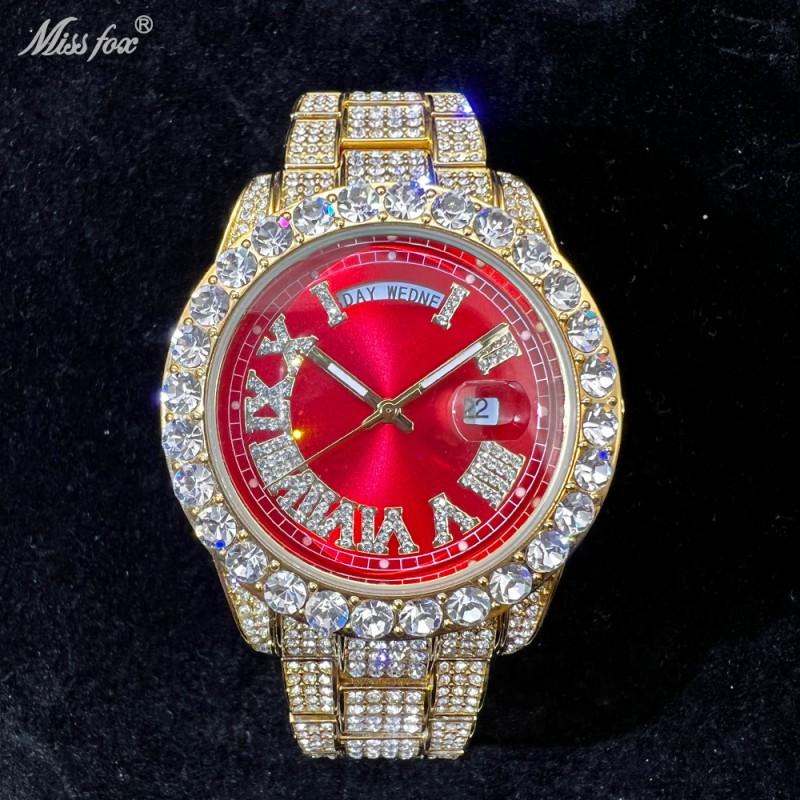 Mens Fashion Quartz Wrist Watch Dual Calendar Pink Dial Rhinestone Accents Luminous 30M Waterproof Stainless Steel Band