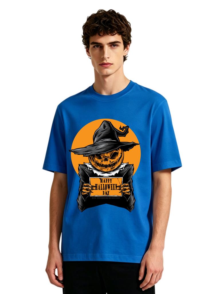 Mens Happy Halloween Pumpkin Scarecrow Graphic Tshirt Retro Spooky Print Casual Short Sleeve White Cotton Tee