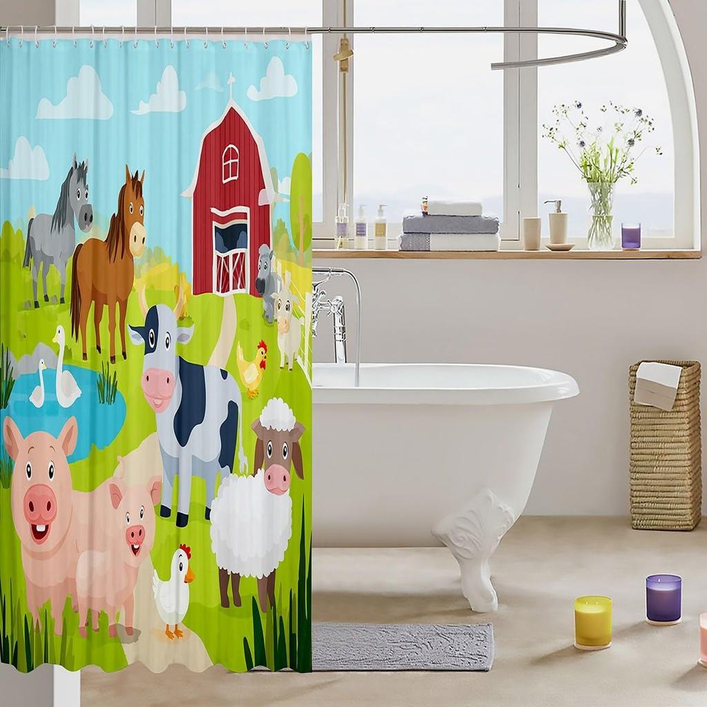 Farm Animal Shower Curtain Cartoon Barn Horse Cow Pig Sheep Duck Chicken Kids Theme Bath Decor Waterproof Fabric Home