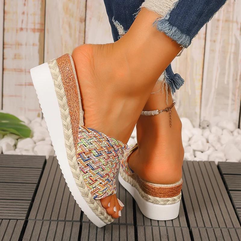 Fashion Fashion Mix Color Woven Sandals Women 2025 Summer Wedge Heel Bohemian Sandals Woman Lightweight Platform Sandles Plus Size 36-43