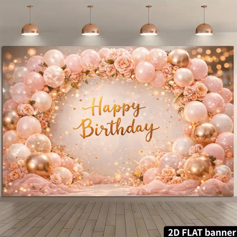 

2D Rose Gold Floral Themed Happy Birthday Backdrop Banner for Birthday Party Photography Decoration 47.2x31.5inch/120*80cm