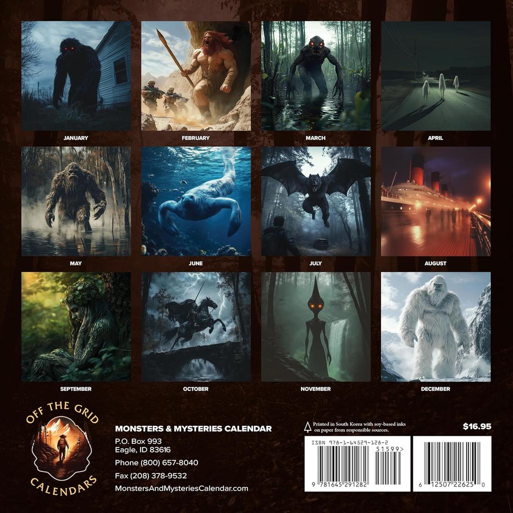 2026 Monsters & Mysteries Calendar - 12" x 12" - Featuring famous Cryptids & Urban Legends from around the world!