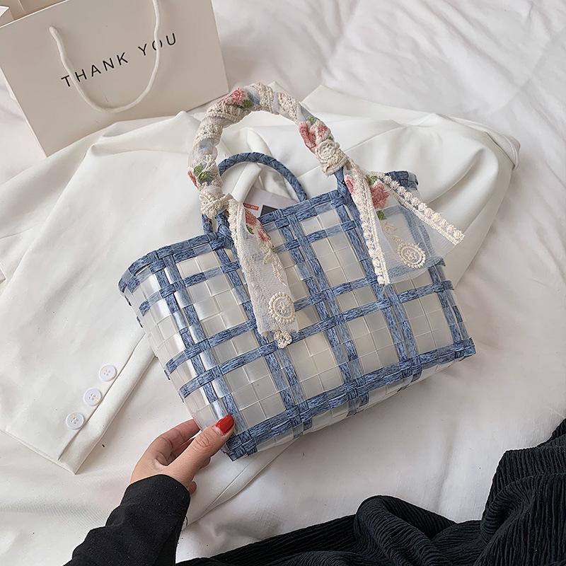 Yogodlns Summer Women Lace Bow Transparent Handag Large Capacity Beach Casual Woven Shopping Basket Tote Bag