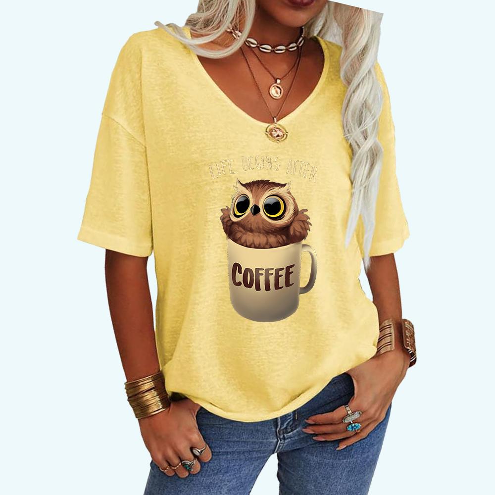 Women Fashion Cat Print Tee Shirt Casual V Neck Top Loose Short Sleeve T-shirt