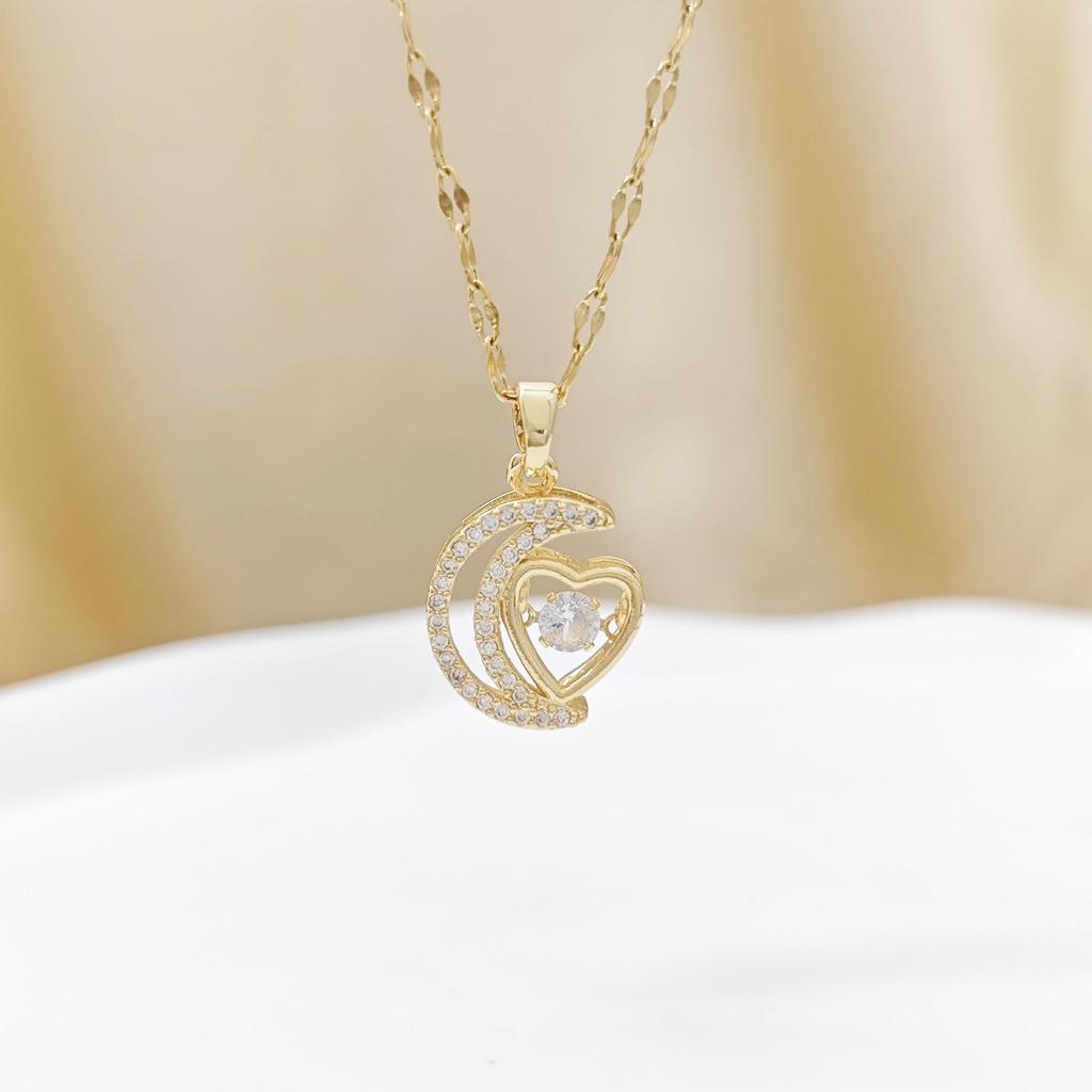 Titanium Steel Moon and Heart Zircon Pendant Necklace for Women