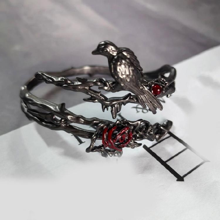 Elegant Floral Adjustable Metal Bracelet Dark Theme Crow Rose Designs Versatile Gothic Accessory