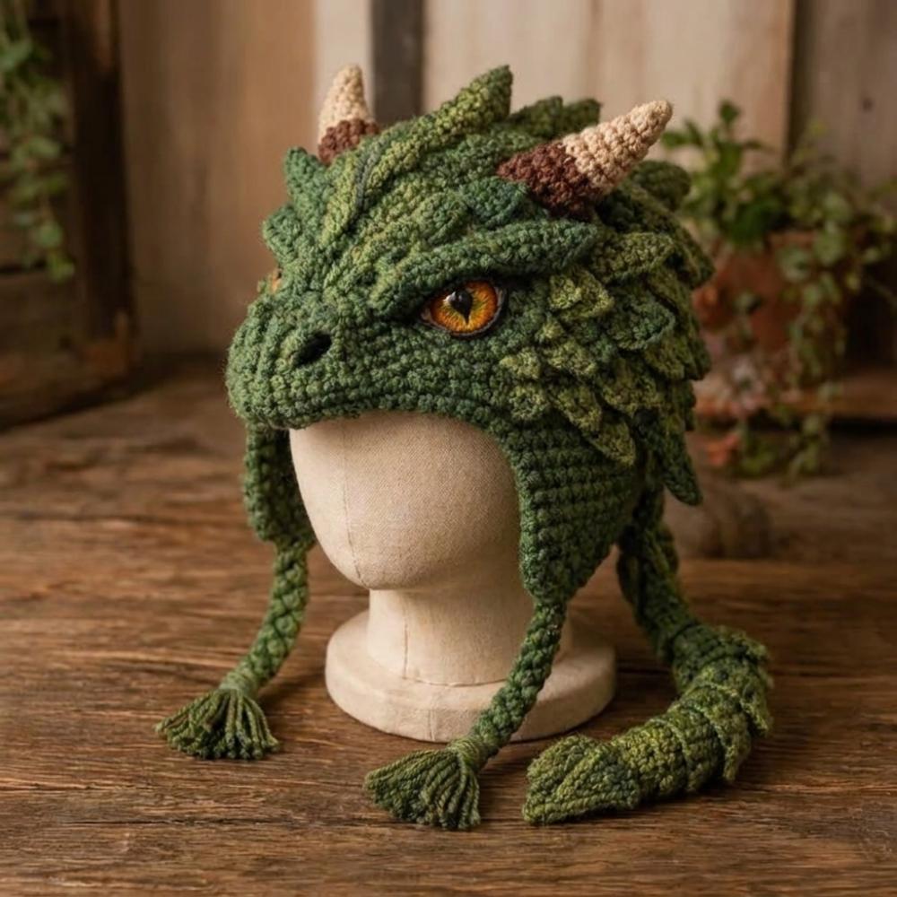 Warm Animal Hood Knitting Hat Adorable Woodland Animal Headwear Dragon Wolf Frog Hat  Party Cosplay