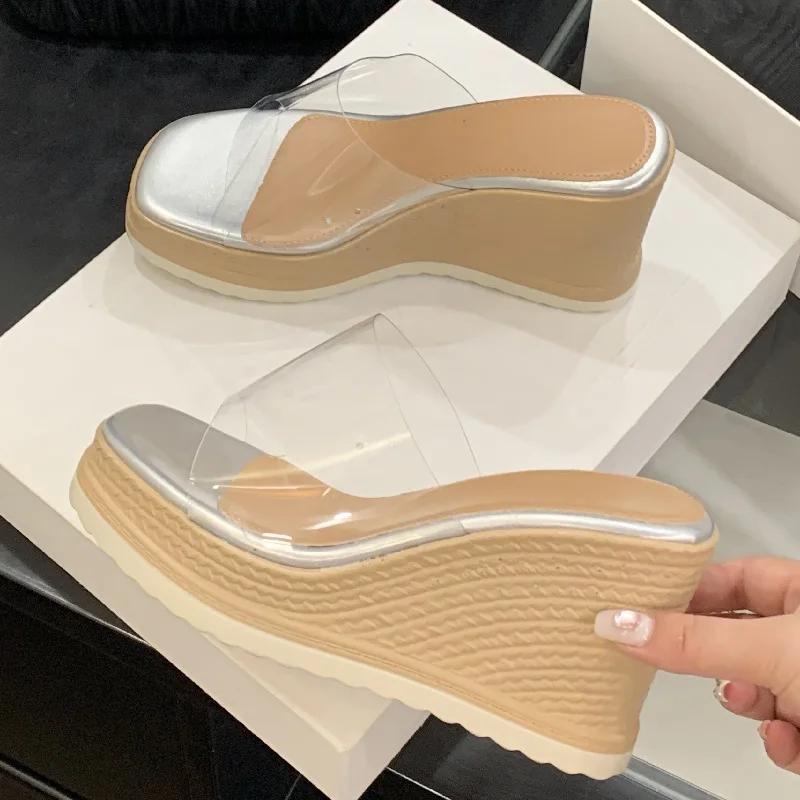Summer New Fashion Open Toe Platform Wedges Heels Women Slippers PVC Transparent Ladies Slides Shoes Zapatos De Mujer