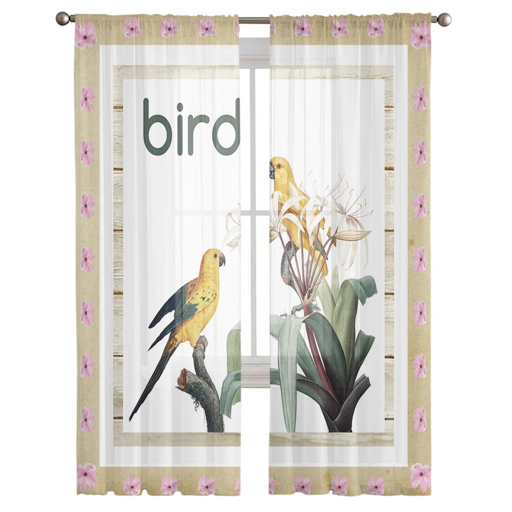 Bird Flower Yellow Branch Tulle Curtains for Bedroom Living Room Printed Sheer Curtains Summer Home Decor