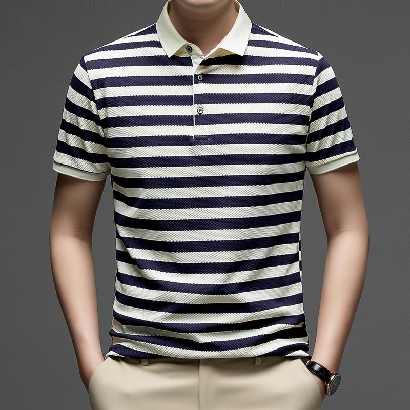 New Short Sleeved T-shirt Men's Striped Polo Shirt Casual Top Summer Ice Silk Lapel T-shirt Fashionable Summer Outfit