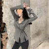 2023 Women's Autumn Korean Style Long-Sleeve Knit T-Shirt with Padded Shoulders, Slim Fit