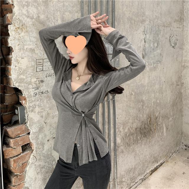 2023 Women's Autumn Korean Style Long-Sleeve Knit T-Shirt with Padded Shoulders, Slim Fit