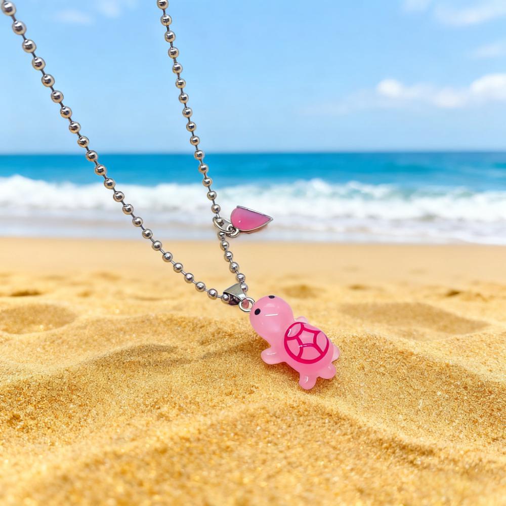 European Luminous Heart Turtle Magnetic Pendant Necklace with Round Bead Clavicle Chain for Couples