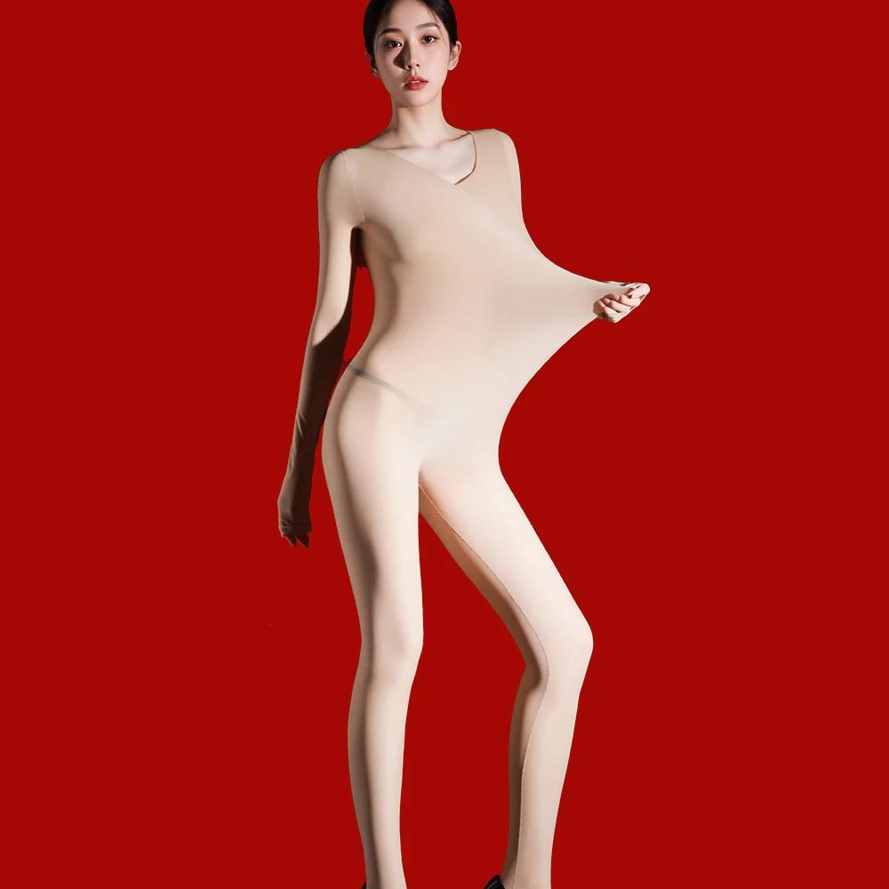 150Kg Women 6D Thin Bodysuit Open Crotch Oil Glossy Shiny Yoga Shaping Elastic Tights Body Stockings Leggings Maid Leotard