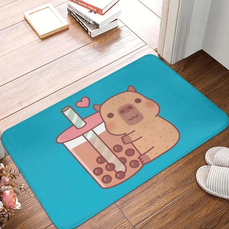 Adorable Capybara Themed Door Mat Anti-slip Entrance Rug with Boba Drinking Animal Pattern for Unique Home Decoration