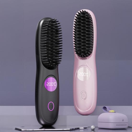 Cordless Hair Straightener Brush 3 Temperature Adjustable LED Display Mini Hair Straightening Comb USB Rechargeable Fast Heating Electric Hot Brush