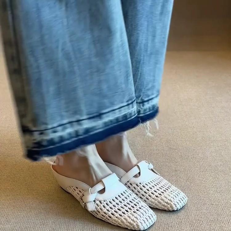 Sheepskin Bag Head Half Slippers Women's Summer Outer Wear Inner Heightening Hole Shoes One Pedal Woven Breathable Cool Single Shoes