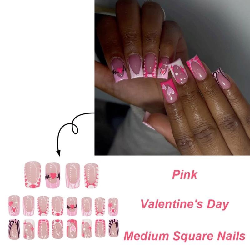 Stylish Pink Heart Press on Nail Medium Square False Nail Acrylic Stick on Nail for Enhancing Valentine's Day Charm