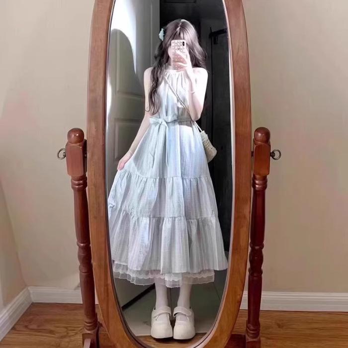French seaside vacation suspender neck dress children's summer new small blue fairy dress