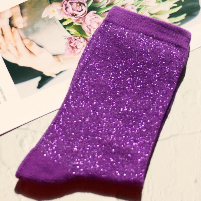 Fashion women's shiny solid color high quality combed cotton socks gold and silver thread soft and comfortable woman socks