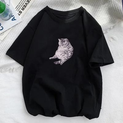 Angry Cat Printed Short Top Women's Cotton T-shirt Women's Harajuku Fashion Couple Loose Street Style Clothing