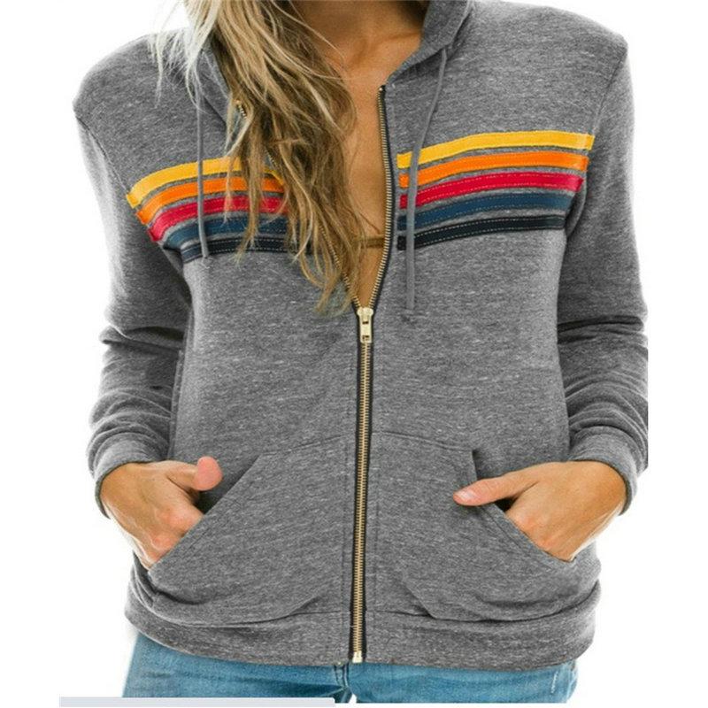 

European & American Women s Rainbow Long Sleeve Hooded Sweatshirt L