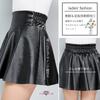 flared mini skirt with an silhouette and elastic and flattering leg lengthening Available in sizes Made of PU this skirt features and ruffles in