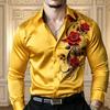 Men's Satin Red Rose Print Long Sleeved Shirt with Slim Fit Collar, Button Down Down, Party Casual Shirt