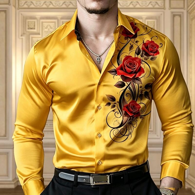 Men's Satin Red Rose Print Long Sleeved Shirt with Slim Fit Collar, Button Down Down, Party Casual Shirt