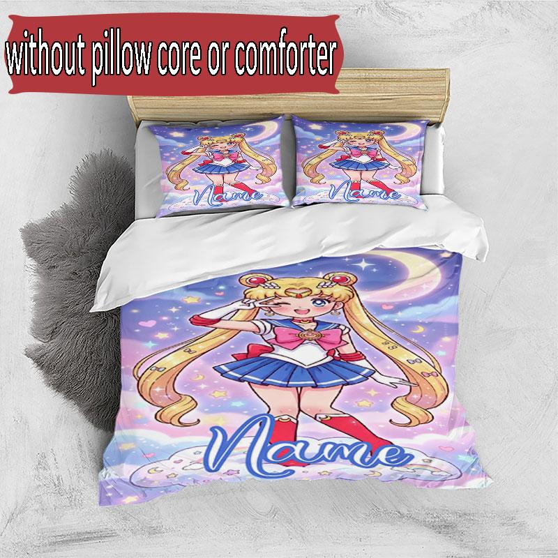 3pcs Duvet Cover Set (1*Duvet Cover + 2*Pillowcase, Without Core), Custom Name Sailor Moon Pattern Bedding Set, Home Bedroom Decor Gift