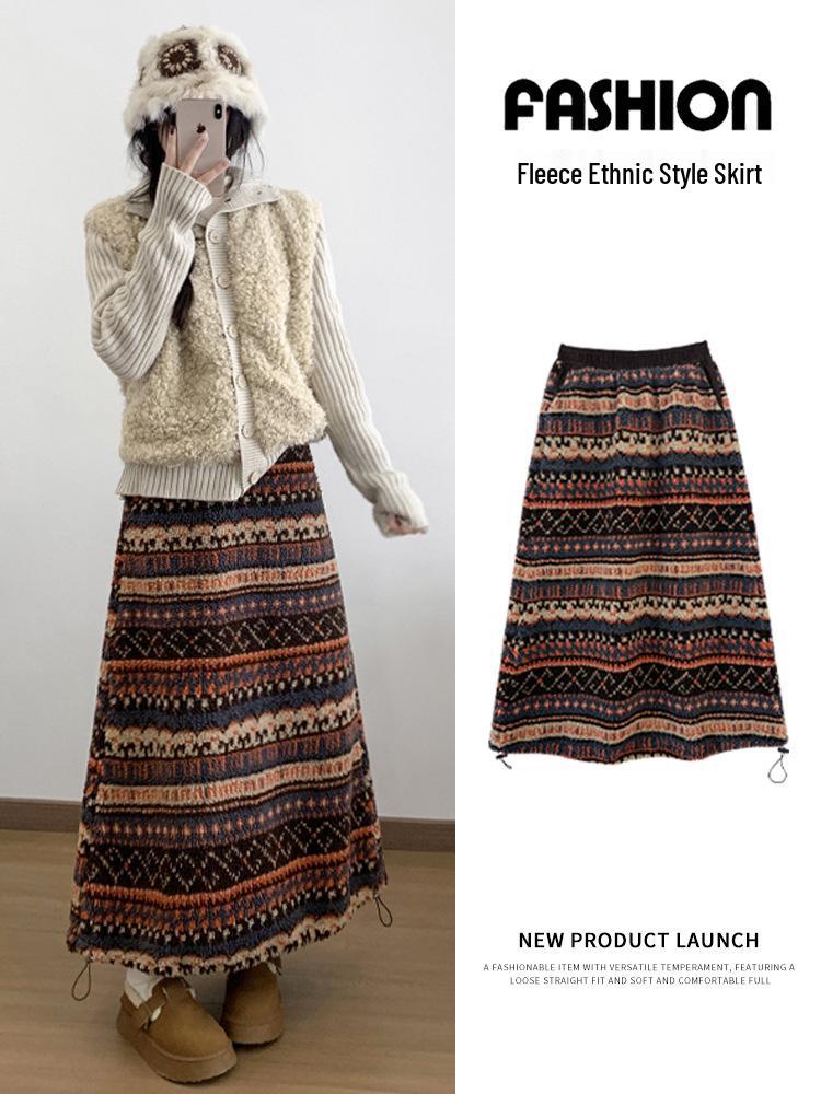 Fair Isle Fleece Two-Way High-Waisted Lantern Skirt for Women, Autumn/Winter Collection