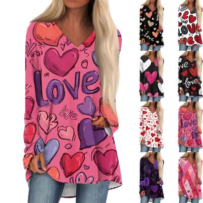 Top Casual Fashionável Feminino de Manga Longa com Estampa de Dia dos Namorados Decote V Comprimento Médio