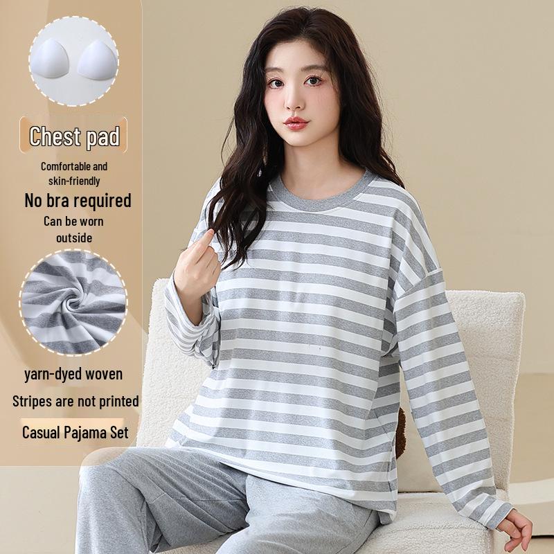 Pyjama d'automne pour femme à col rond rayé à manches longues avec coussinets de poitrine - Ensemble décontracté grande taille pour la maison et l'extérieur