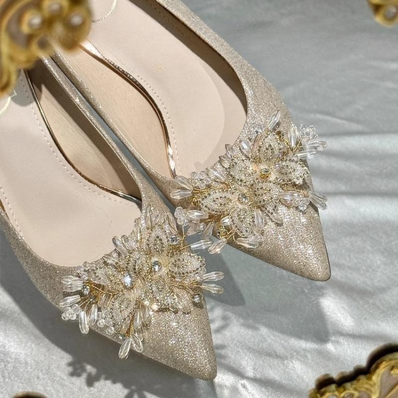 Rhinestone Flower Block Heel Single Shoes Autumn New Pointed Toe Shallow Mouth Slip Foot Anti-Slip Wear-Resistant High Heels
