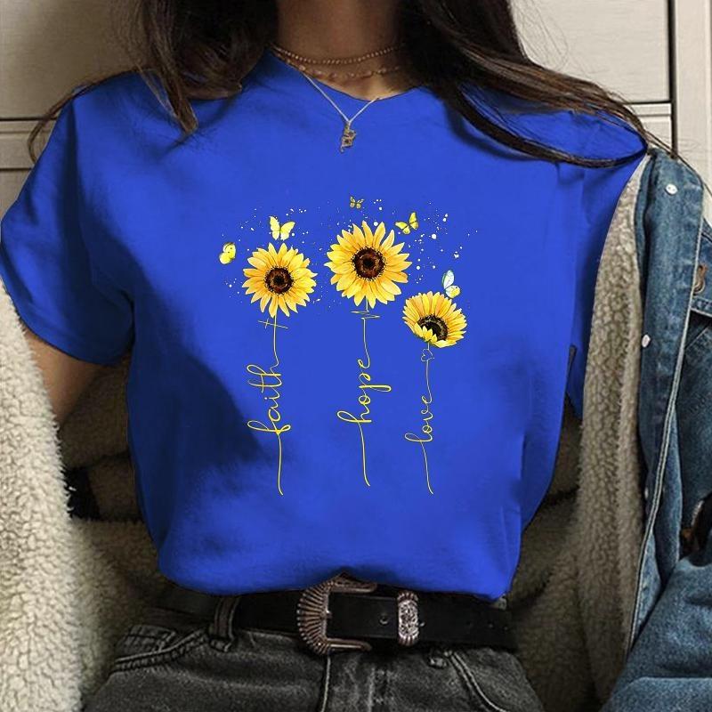 Women's New Fashion Hope Love Faith Sunflower Pattern Printed T-Shirt Women's Outdoor Street Cool Round Neck Short Sleeve Shirt