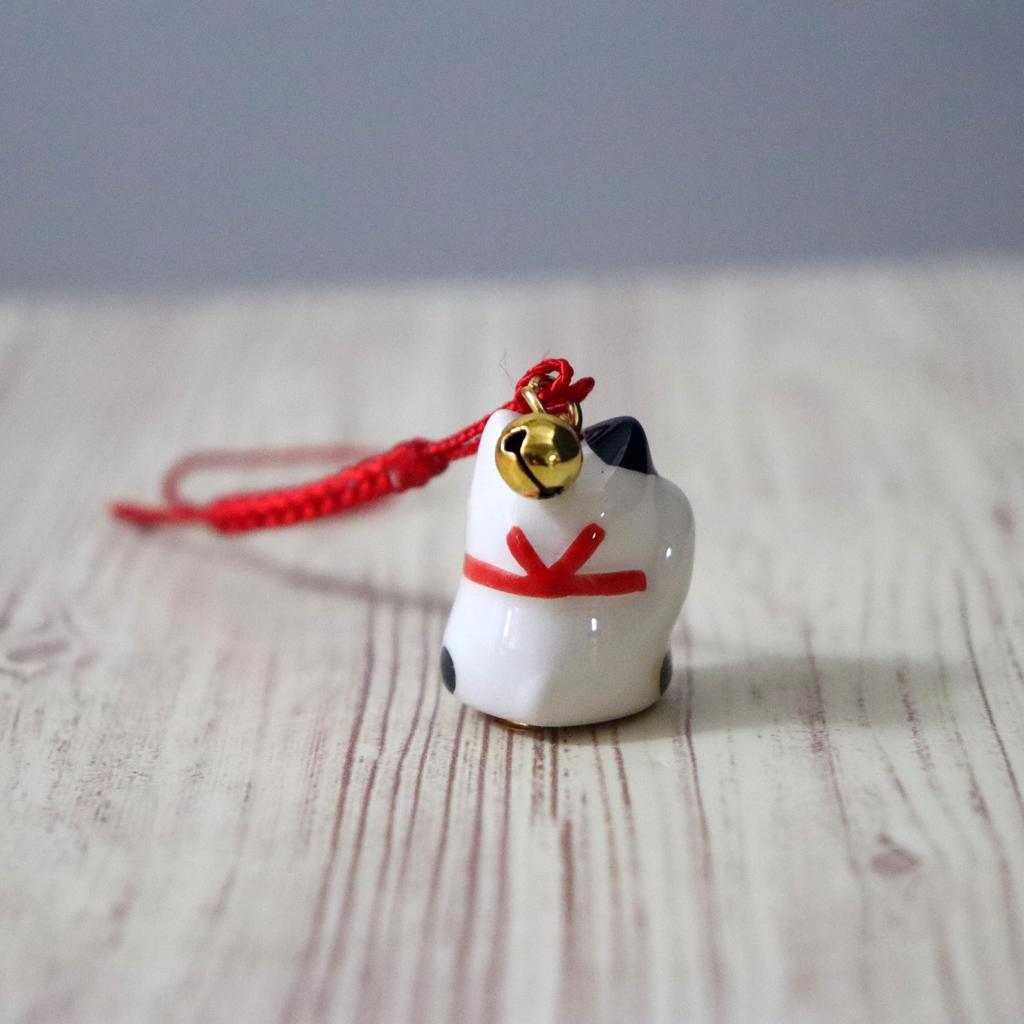 Yakushi Kiln Maneki Neko (Lucky Cat) by Netsuki (Mike) Mame Fuku, Good Luck Strap (with Good Luck Sticker)