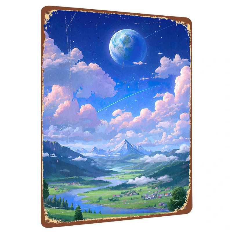 

Dreamy Starry Sky Earth Landscape Metal Tin Painting Home Living Room Decor Wall Art Craft 20x30cm（7.8x11.8inch）