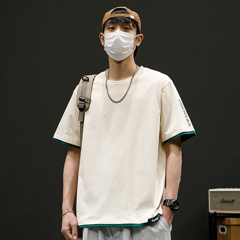 Men Fake Two Piece Contrast Trim Short Sleeve T Shirt Casual Loose Fit Summer Top